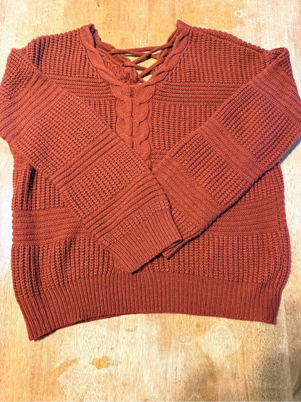 No Boundaries Rust Lace-Up V-Neck Cable Knit Sweater